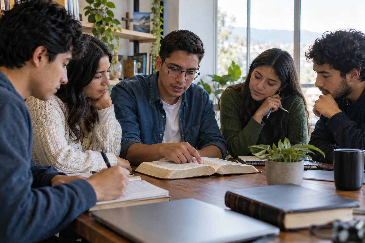 Jovens estudando a Bíblia juntos em uma sala de formação